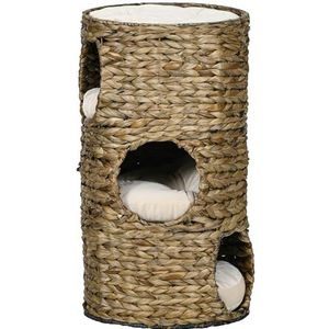 PawHut Krabton 73 cm hoog kattenton met 3 holtes, kussens, krabpaal met kattenbed, kattentoren van waterhyacint, donkerbruin