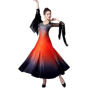 Oranje,L,Hynyjxjy Gradient Ballroom Dansjurken Voor Vrouwen Mesh Splice Waltz Performance Dansoutfit Tango Foxtrot Kostuums Met Strass Steentjes Prachtige Social Dancing Kleding
