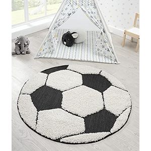 the carpet Lou Zacht knuffelig kindertapijt, zacht knuffelvlies, onderhoudsvriendelijk, kleurecht, outdoor, 3D-look, voetbalmotief, zwart-crème, 120 cm rond