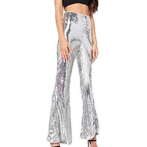 keephen Vrouwen Glitter Hoge Taille Casual Uitlopende Broek Brede Pijpen Sexy Glanzende Broek, Zilver, L