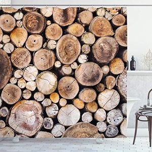 ABAKUHAUS Rustiek Douchegordijn, Houten Logboeken Oak Tree, stoffen badkamerdecoratieset met haakjes, 175 x 200 cm, Pale Sand Brown
