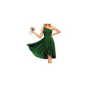WSEYU Korte bruidsmeisjesjurk met één schouder en zakken ruches chiffon geplooide formele feestjurk, Emerald Groen, 40