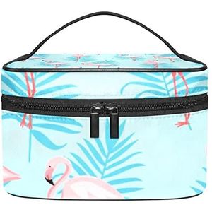 Schedel achtergrond make-up tas voor vrouwen meisjes cosmetische tassen met handvat reizen make-up organizer tas, Tropisch Flamingo Blauw Bladeren Patroon, 8.9x5.9x5.4 Inches, Make-up zakje