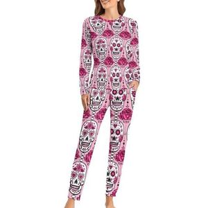 Roze suiker schedels zachte dames pyjama lange mouw warme pasvorm pyjama loungewear sets met zakken 5XL