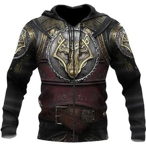 Viking-hoodie for heren met rits, Noorse mythologie Viking Bear Armor-pullover met volledige ritssluiting, buiten, grote zak met trekkoord en capuchon (Color : A, Size : XXL)