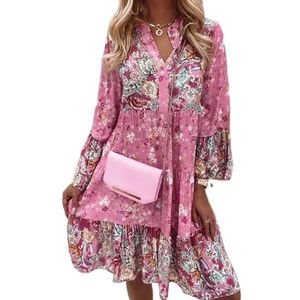 Vintage bloemenprintjurk vrouwen elegante wijd uitlopende mouw paneel ruche mini jurk dames v nek losse boho strandjurk-Pink,XL