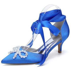 KYEGLO Sluitbare Sandalen Met Hoge Hakken, Parels En Strass-Steentjes/Kitten Heels Met Puntige Neus En Enkelbandje, Feest- En Bruiloftsschoenen, Cadeaus Voor Vrouwen,Blauw,36