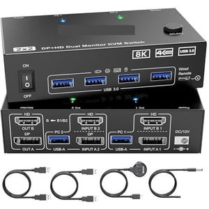 Dual Monitor KVM-switch 2-poorts 8K@60Hz 4K@144Hz -compatibel + DP USB 3.0-switch Uitgebreide weergave 2 monitoren 2 computers,Schakelde soepel