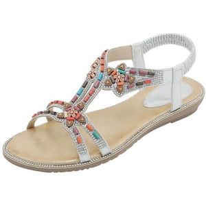 Zyerern Vrouwen Platte Wandelen Sandalen Jurk Schoenen Outdoor Strand Open Teen T Bar Sling Terug Elastische Strappy Sandalen, JH838, Zilver, 6.5 UK Wide