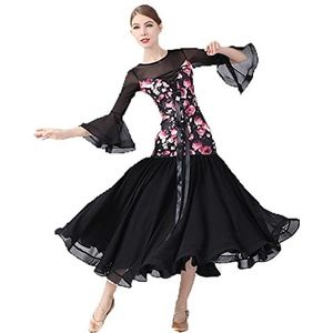 Yhsgscr Ballroomdans trainingsoutfit met ronde hals Dames Waltz Foxtrot Big Swing Rok Elastisch Ademend Feestjurk Trompetmouwen Moderne Danskleding,zwart,M