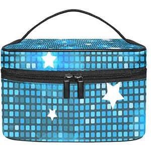 Glanzende sterren blauwe geometrische vierkante patroon make-up organizer tas, reismake-up tas organizer case draagbare cosmetische tas voor vrouwen en meisjes toiletartikelen, Meerkleurig, 22.5x15x13.8cm/8.9x5.9x5.4in