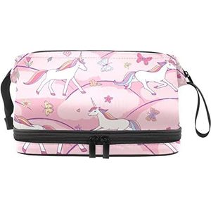 Dubbellaags Cosmetische Tas Eenhoorn Draagbare Make-up Tas Reizen Organizer Pouch Voor Vrouwen Meisjes Toiletries Tassen, Meerkleurig, 27x15x14 cm/10.6x5.9x5.5 in, Make-up zakje