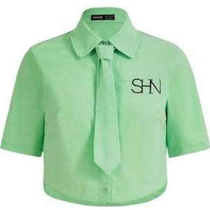 dames topjes Overhemd met geborduurde letters, knopen aan de voorkant en stropdas (Color : Gr�n, Size : Small)