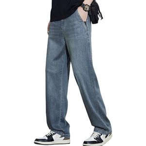 Elastische Taille Jeans Voor Heren Casual Loose Fit Relaxed Lightweight Straight Denim Pant Met Rits En Knoop,Dark blue,3XL