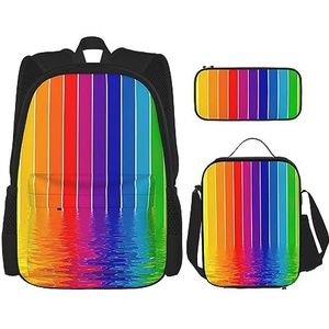 SUHNGE Konijn achtergrond print reizen rugzak3 stuks set, lichtgewicht waterbestendige boekentas, lunchtas, etui, Regenboog Gestreept, Eén maat