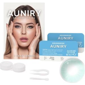 AUNIRY Kleurlenzen Lichtblauw ""AQUAMARINE"" Natuurlijk: Compleet Set (2 Lenzen, Pincet, Applicator en Lenzendoosje), 12 Maanden, Zonder Sterkte, Zonder Voorschrift, 0 Dioptrie en DIA 14.2mm | AUNIRY