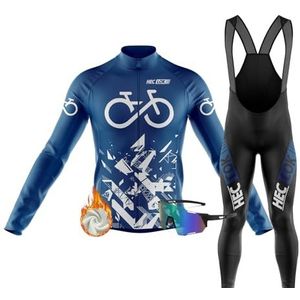 Heren shirt met lange mouwen set winter wielersportpakken + 9D gel gevoerde broek herfst winter thermo fleece + winddichte fietsbril L, type 8