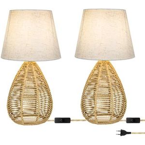 2 stuks tafellamp vintage rotan bureaulamp stoffen kap nachtlamp Boho handgemaakte geweven lampenkap E14 tafellamp met schakelaar en 1,5 m kabel voor eetkamer woonkamer kinderkamer