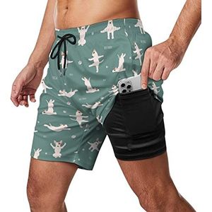 Yoga Bull Terrier Honden Zwembroek voor heren, sneldrogend, 2-in-1 strandsportshorts met compressieliner en zak