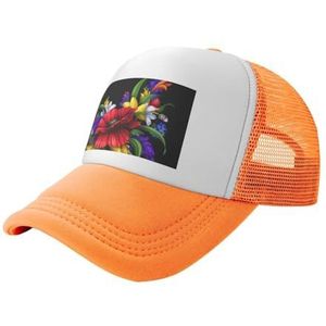 MDATT Mannen Vrouwen gewassen verstelbare papa hoed voor buiten, platte snavel snapback met hoge paardenstaart ontwerp, kleurrijke lente kikker bloem print, Oranje, Eén Maat