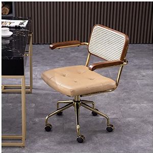 modern Cowhide Home Office Chair, Rotan Rugleuning, Houten Armsteun, Verstelbare Lifting Task Desk-stoel, Gestoffeerde Computer Chair (Color : Khaki, Grootte : 32.7-35in)