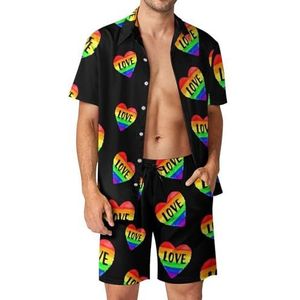 Liefde Regenboog Gay Pride Hart Casual Heren Shorts En Shirts Sets Zomer Hawaiiaanse Pakken Vakantie Zwemmen 3XL