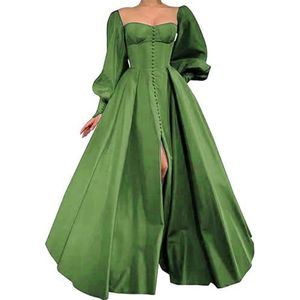 WSEYU Satijnen bruidsmeisjesjurk voor dames, met split, galajurken, plooien, cocktailjurk, grote maten, Olijf, 32