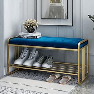 Moderne schoenenbank entree met opslag,2-laags metalen schoenenrek organizer, luxe veranda getufte schoenenopbergbank voor slaapkamer hal-blauw 80x35x40cm (31x14x16inch)