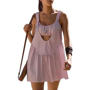 Women Sleeveless Tennis Dress, with Built in Shorts and Bra, Workout Outfits, Casual Summer Backless Workout Athletic Mini Dresses, Pockets, Two Piece,Light pink,SIZE: XL