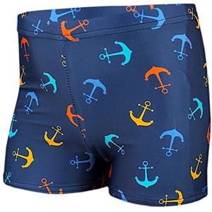 Aquarti Jongens Zwembroek Zwemboxer Gestreept met Motieven, Anker Oranje Blauw/Donker Blauw, 140