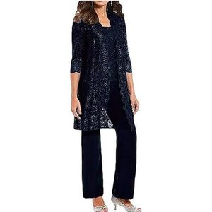 Leader of the Beauty - Moeder van de Bruid Jurk - Marineblauw - 3-delig Broekpak - Chiffon en Kant