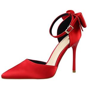 TABKER Sandalen met hak strik damesschoenen puntige neus hoge hakken jurk schoenen hoge hakken bootschoenen trouwschoenen (kleur: rood, maat: 8,5 UK)