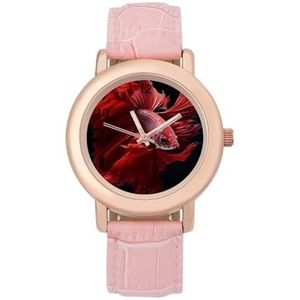 Rode Betta Siamese Fighting Fish Dames Elegant Horloge Lederen Band Polshorloge Analoge Quartz Horloges