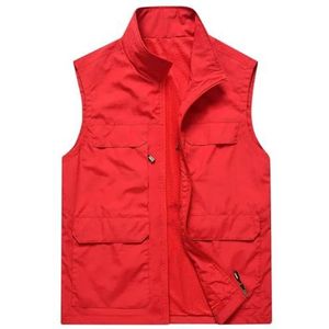 Pegsmio Outdoorvest voor heren met grote zakken, slim fit, opstaande kraag, jas, streetwear vest, Rood, XXL