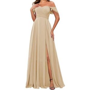 HPPEE Off-shoulder chiffon bruidsmeisjesjurken met split voor vrouwen mouwloze strapless avond formele jurk, Champagne, 34
