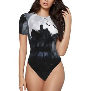 ELSMZXZD Bodysuit met korte mouwen voor dames - Halloween maan bedrukt ronde hals bodysuit, rekbaar T-shirt top, casual slim fit turnpakje, 3 D, S