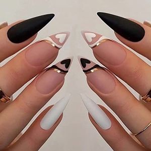 Zwarte Kunstnagels 24Pcs Luipaard Amandel Nep Nagels Art Vrouwen Meisjes Stok Valse Manicure Acryl Glossy Afneembare Zwart 2