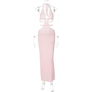 kekafu Sexy zomer boho lange nauwsluitende jurk voor vrouwen, 2024 halfbrugvrij gehaakt rug diepe snit V slanke lange jurk, Roze M, M