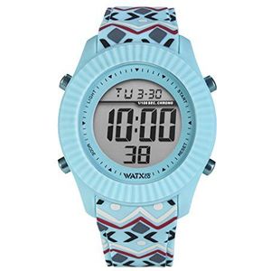 WatxandCo Digitaal polshorloge Tribal Blue met blauwe siliconen band met tribal-patroon, blauwe wijzerplaat met digitaal uurwerk, 43 mm, Blauw, Strepen