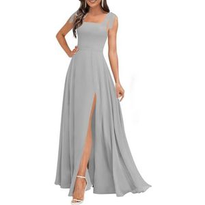 Chiffon bruidsmeisjesjurken voor dames, met spleetplooien, formele avondjurken, grote maten, Zilver, 32