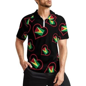 I Love Guyana rood hart heren golfpoloshirts klassieke pasvorm korte mouw T-shirt gedrukt casual sportkleding top 2XL