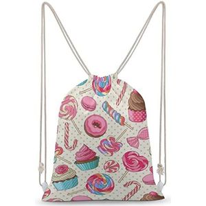 Kleurrijke Lolly Candy Macaroon Cupcake Donut Trekkoord Rugzak String Bag Sackpack Canvas Sport Dagrugzak voor Reizen Gym Winkelen