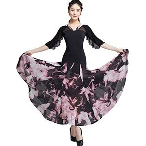 Yhsgscr Ballroom Performance Kleding met middellange mouwen Dames V hals Tango Waltz Big Swing Rok Flamenco danskleding Smooth Soft Social Dance Jurk,Roze,L