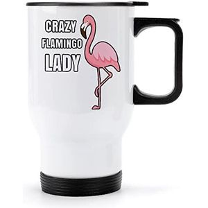 Crazy Flamingo Lady Travel koffiemok met handvat en deksel roestvrij staal autobeker dubbelwandige koffiemokken
