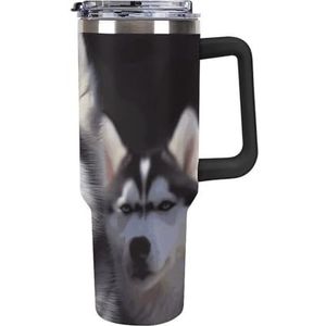 STVNKML 40 oz beker met handvat Husky Dog roestvrijstalen koffiemok herbruikbare reismok lekvrije geïsoleerde autobeker grote capaciteit beker voor reizen, buiten, thuisgebruik (zwart)