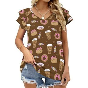 Koffiebonen Snoepjes Donuts Grafische Blouse Top Voor Vrouwen V-hals Tuniek Top Korte Mouw Volant T-shirt Grappig