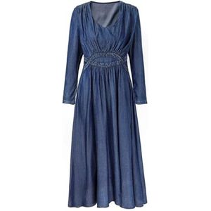 Pegsmio Lange maxi-jurk met volledige mouwen voor dames, herfst en lente, losse A-lijn denim jeansjurk, Blauw, L