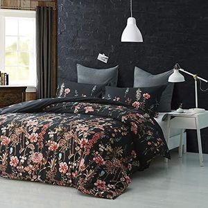 Fansu Beddengoedsets Dekbedovertrek Set 3-delig, Polyester Microfiber Elegante Bloemen Slaapkamer Dekbedovertrek 2 x Kussenslopen 1 x Quilt Case voor Dubbel King Eenpersoonsbed (King-220x240cm, Zwart Rood)