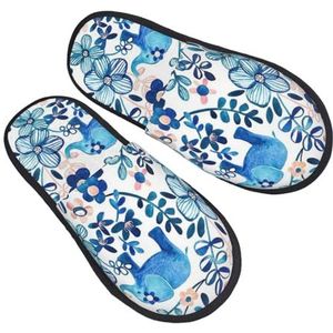 BONDIJ Slippers met olifanten en bloemenprint, zachte pluche huispantoffels, warme instappers, gezellige pantoffels voor binnen en buiten, Zwart, one size