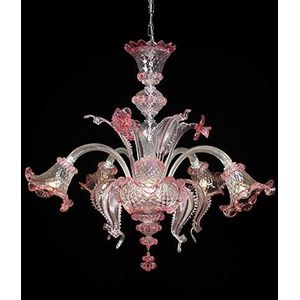 Kroonluchter Murano CANNAREGIO 3 lampen - Gemaakt van helder kristalglas met gedraaide strepen en baloton bewerking decoraties in de kleur ROSA, metalen onderdelen verchroomd